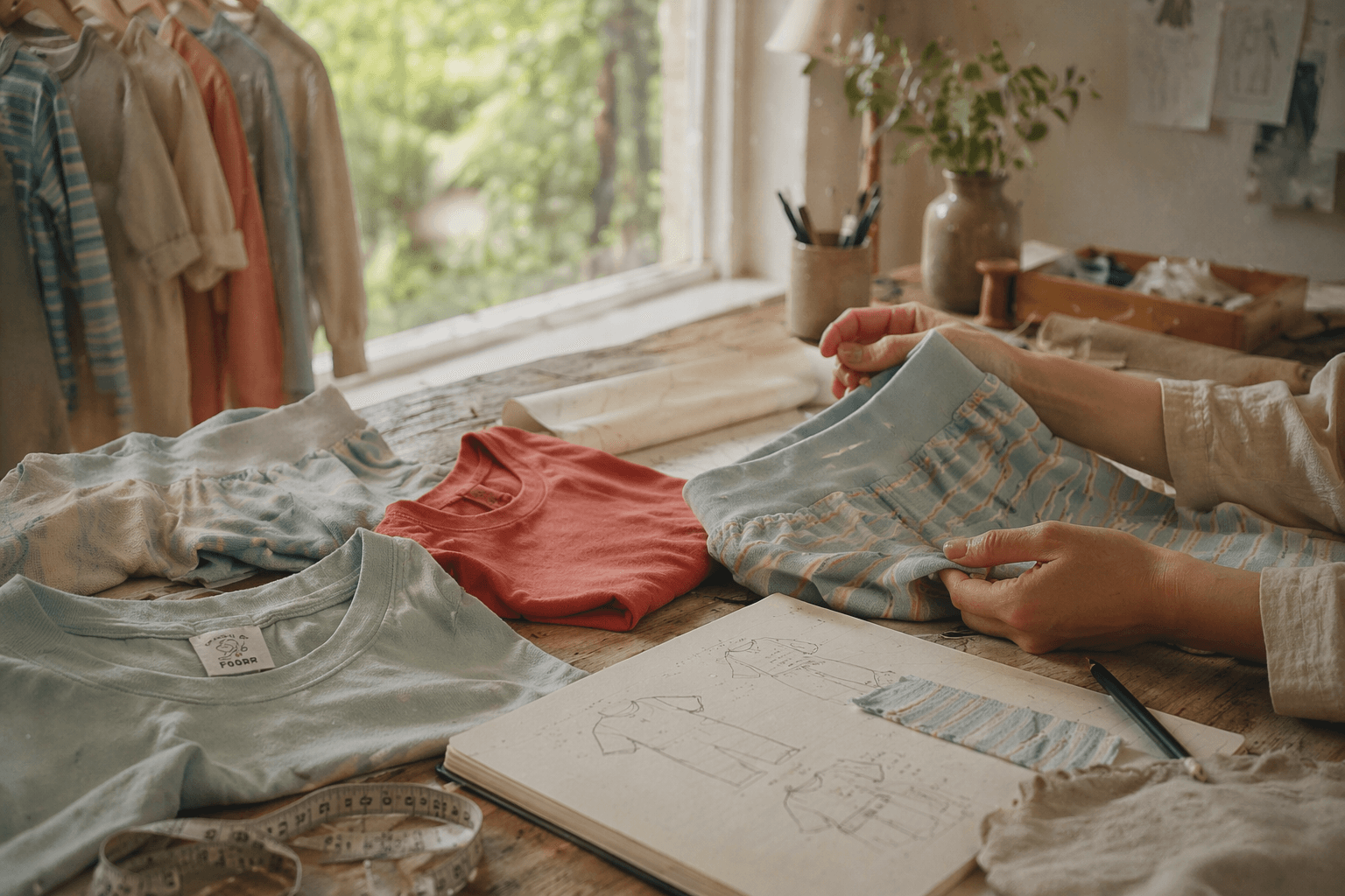 POORR signature sets and soft separates laid out in calm everyday colors.